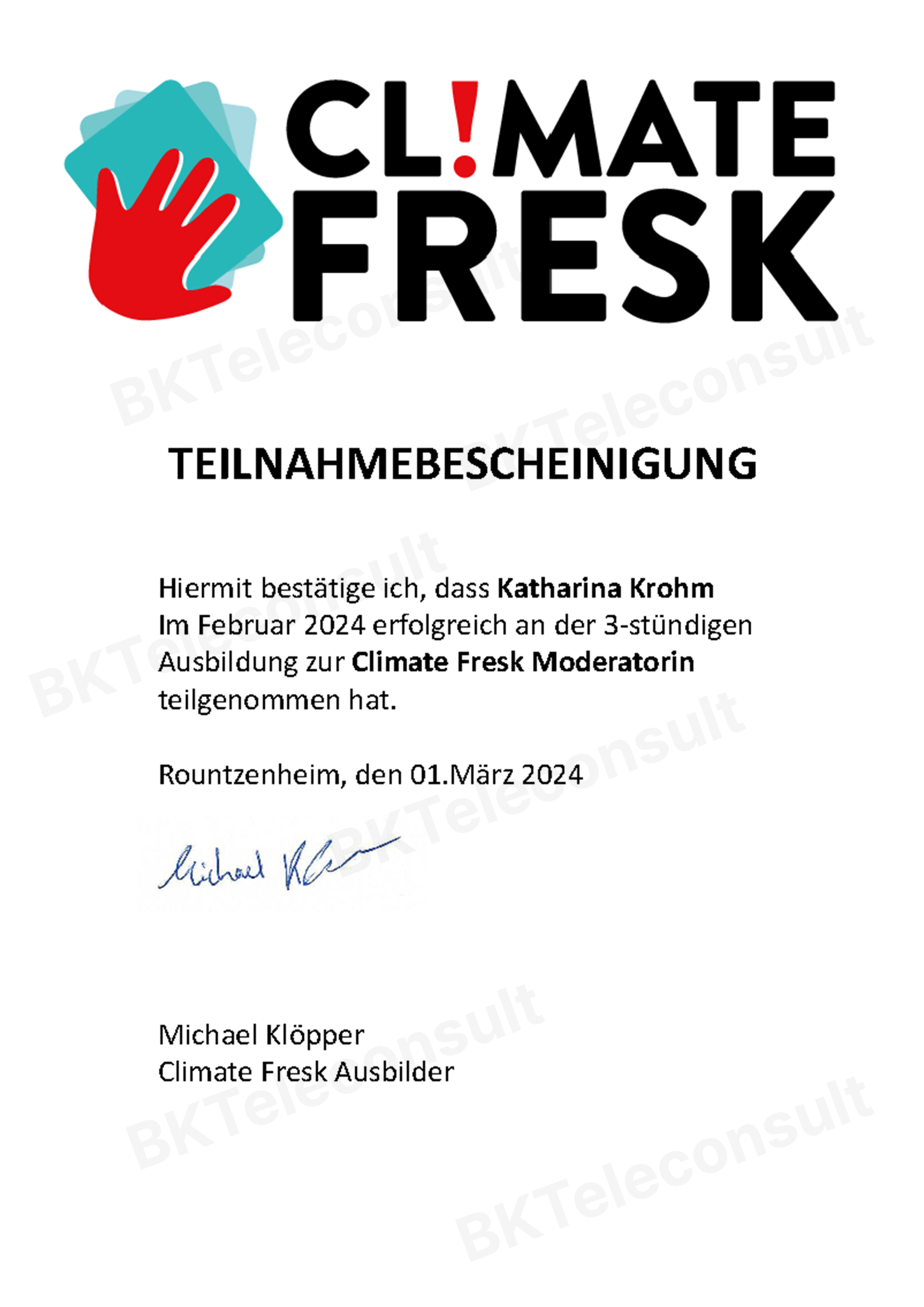 Teilnahmebestätigung Climate Fresk Katharina Krohm
